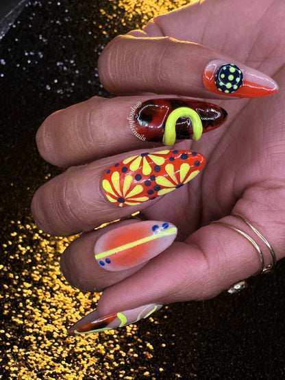 Safari After Dark - Tortoiseshell, Orange and Chartreuse Abstract Press-On Nails