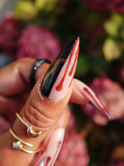 Barely Bitten – Black Split French Press-On Nails with Red Cat-Eye Blood Drips Press-on Nails Press-On Nails