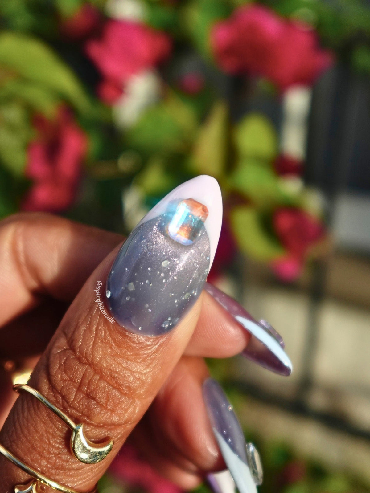Cosmic Cashmere – Blush and Smoky Blue Cat-Eye Glitter French Press-On Nails