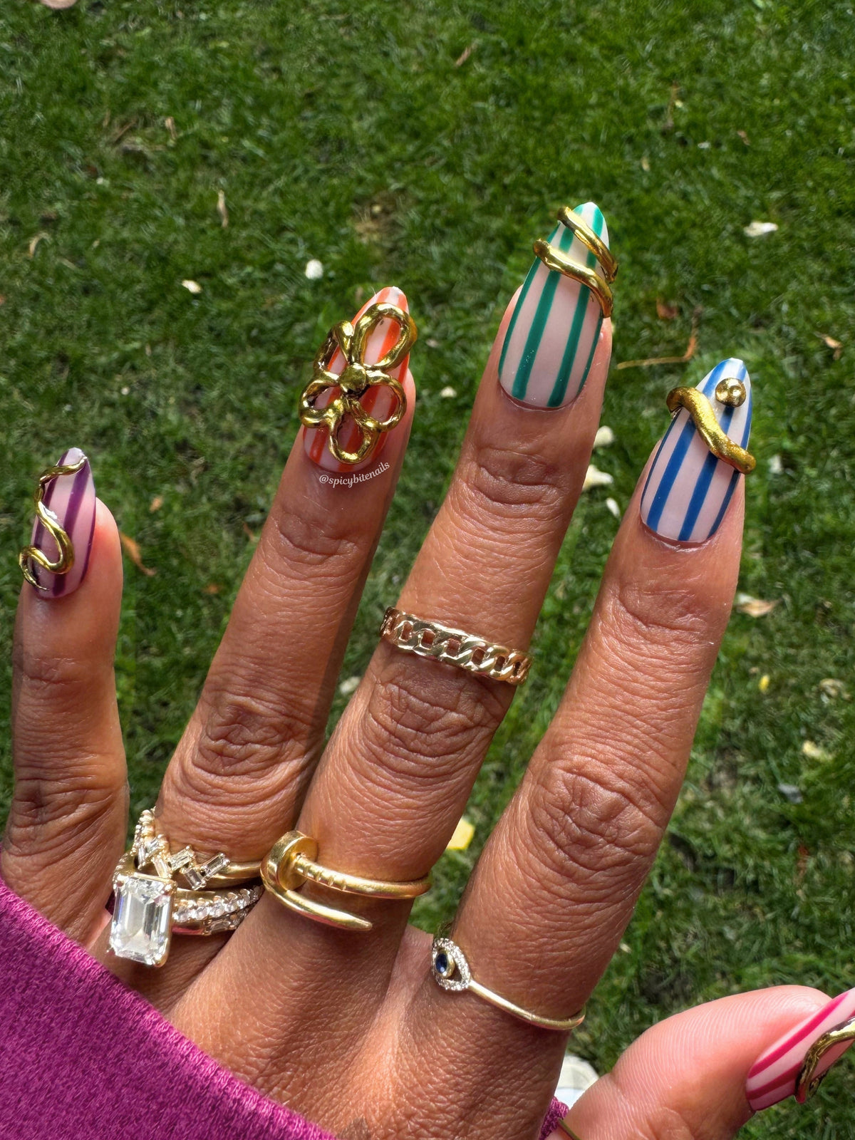 October Oasis – Muted Rainbow Stripe and 3D Gold Chrome Press-On Nails