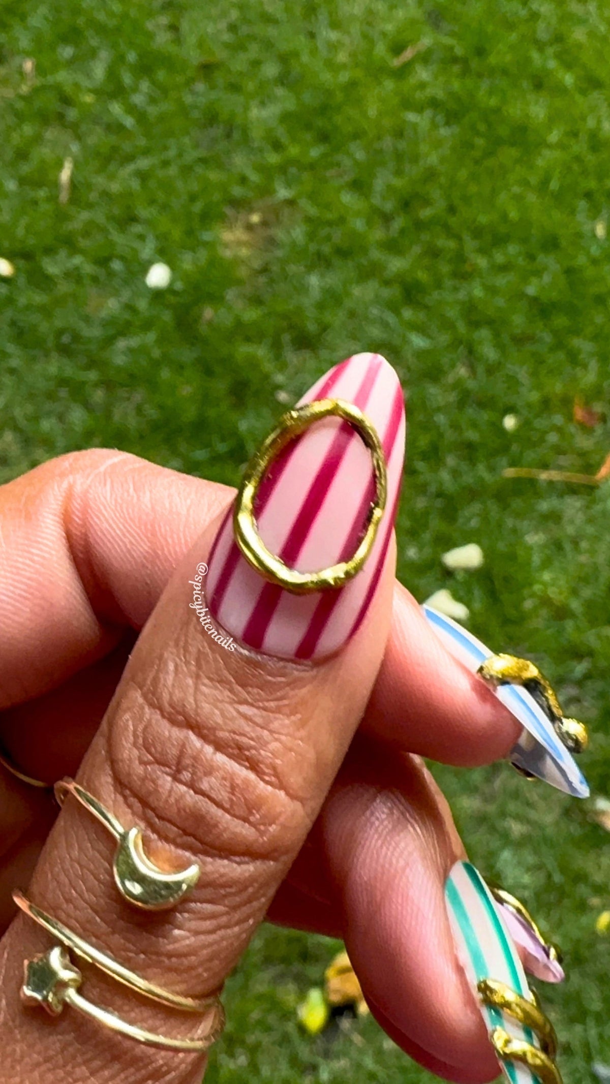 October Oasis – Muted Rainbow Stripe and 3D Gold Chrome Press-On Nails