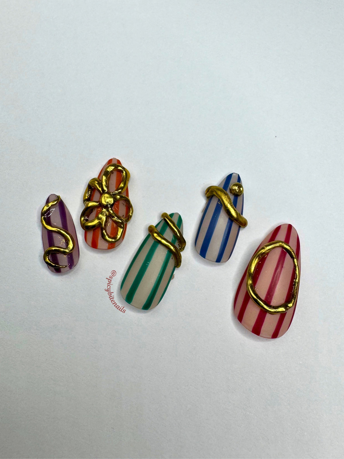 October Oasis – Muted Rainbow Stripe and 3D Gold Chrome Press-On Nails