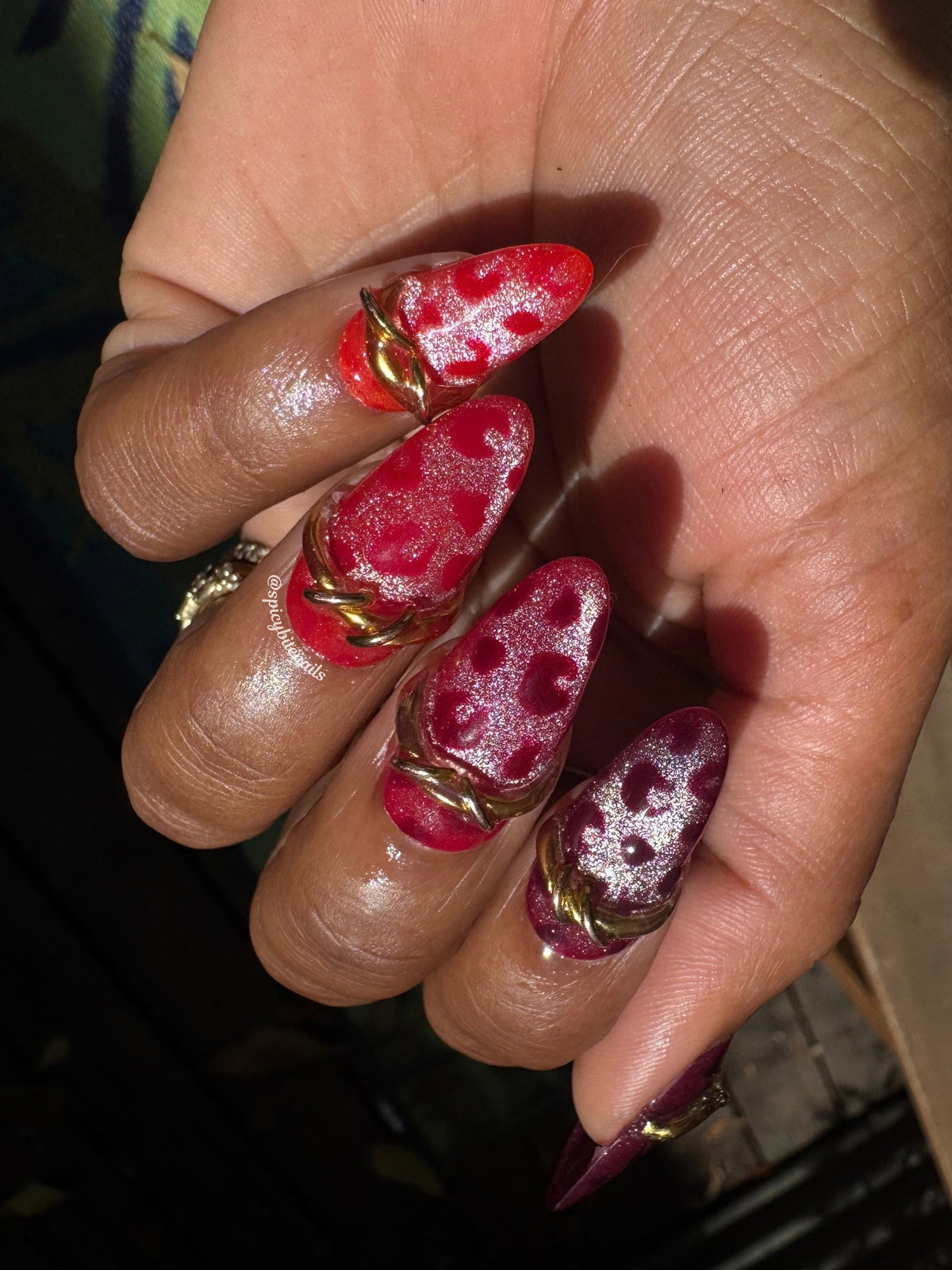 Ruby Wildcat - Burgundy to Red Ombre Leopard Cat-Eye and Gold Chrome Press-Ons