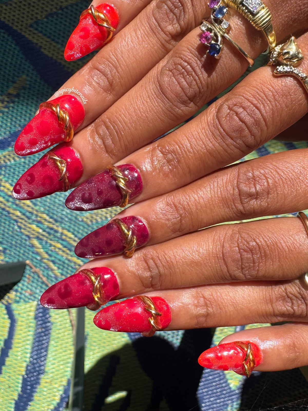 Ruby Wildcat - Burgundy to Red Ombre Leopard Cat-Eye and Gold Chrome Press-Ons