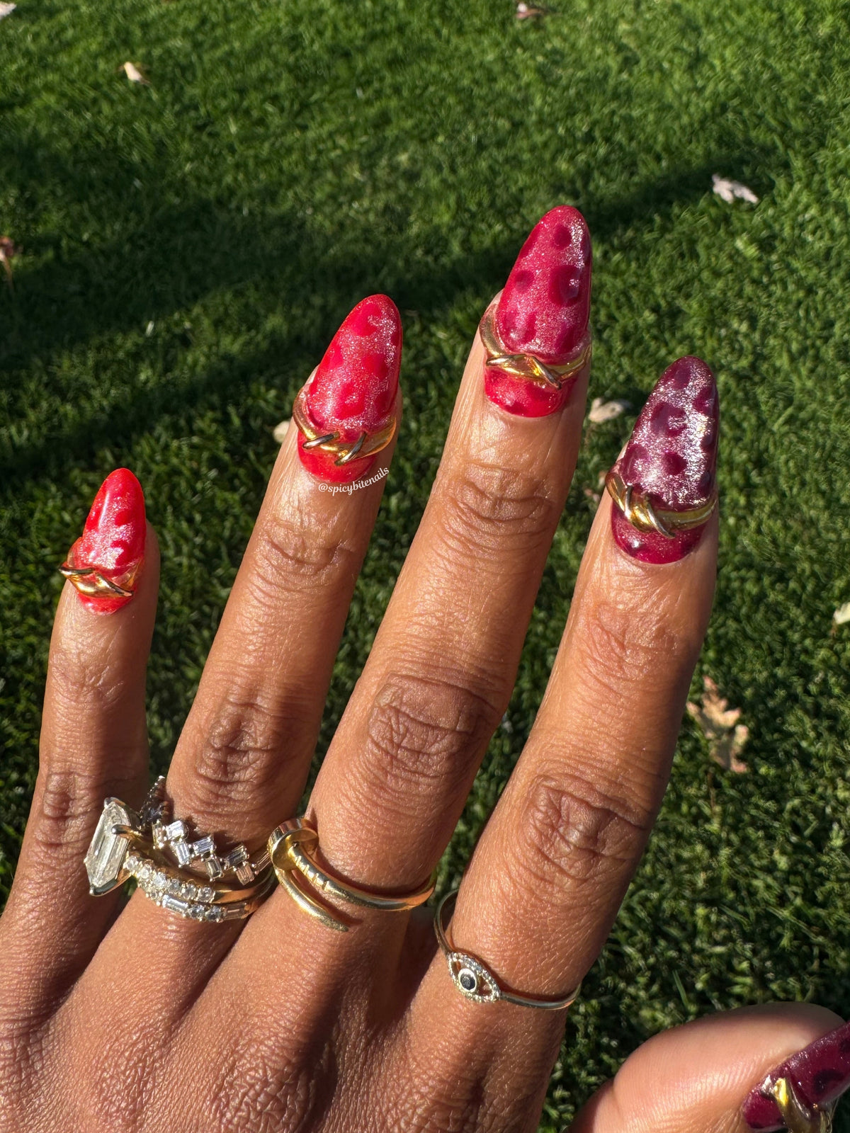 Ruby Wildcat - Burgundy to Red Ombre Leopard Cat-Eye and Gold Chrome Press-Ons