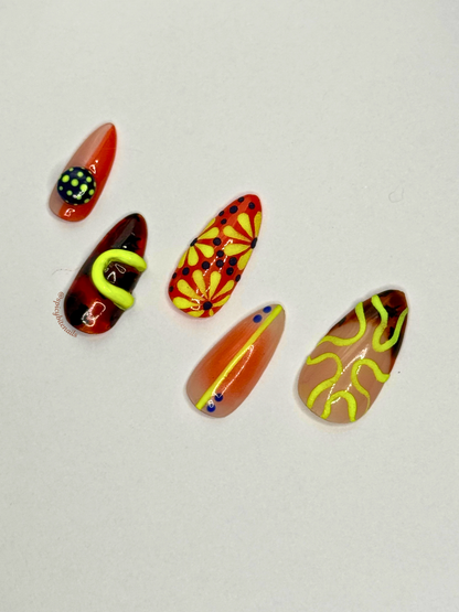 Safari After Dark - Tortoiseshell, Orange and Chartreuse Abstract Press-On Nails
