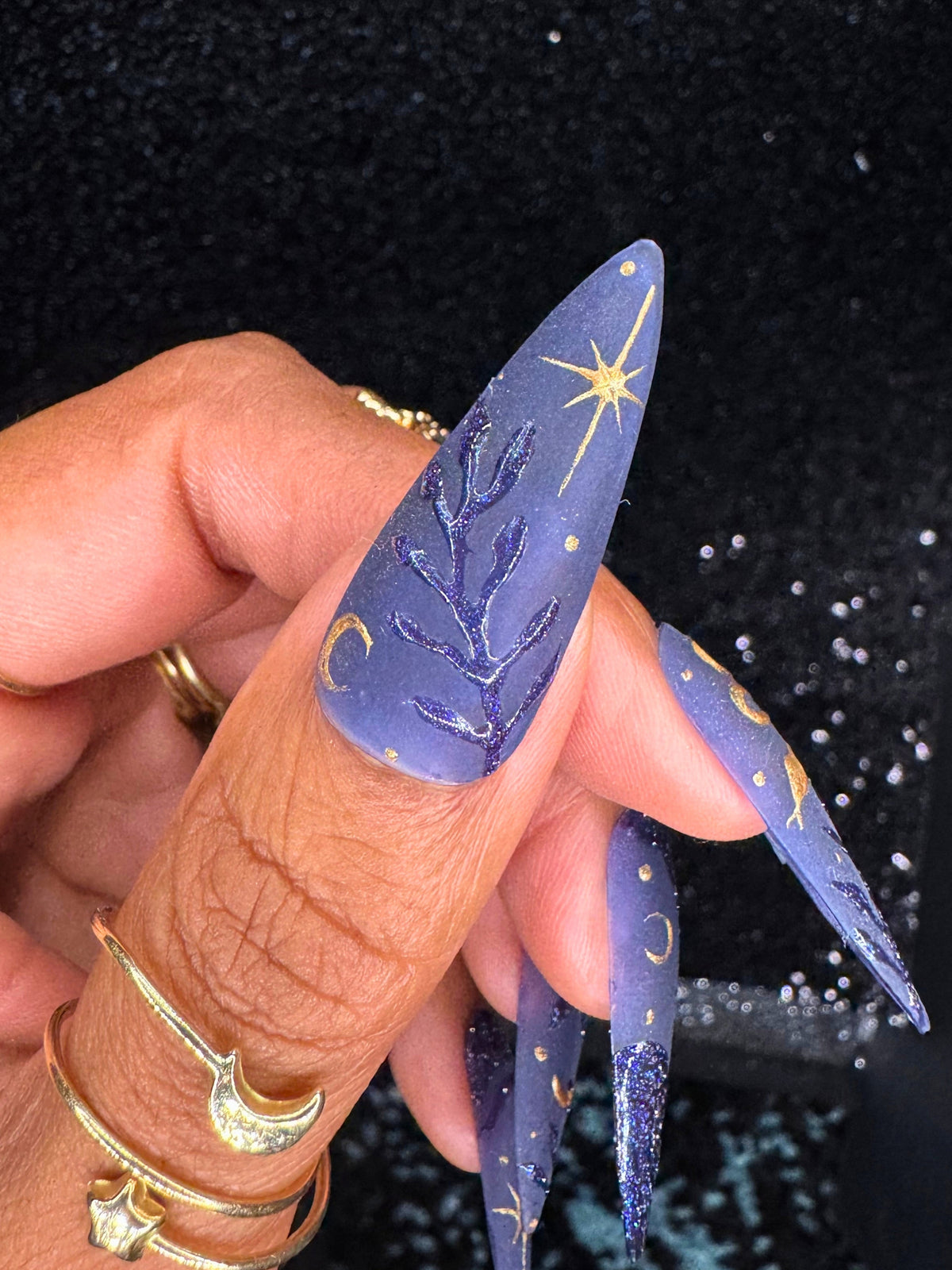 Starlit Spell - Witchy Celestial Navy Blue Cat-Eye Press-Ons