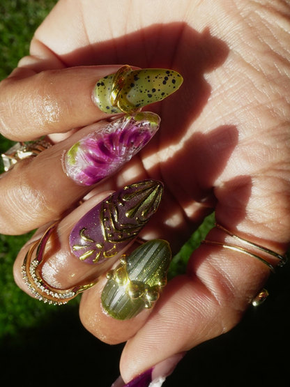 Venus Envy – Plum and Olive Green Cat-Eye and Chrome Botanical Press-on Nails