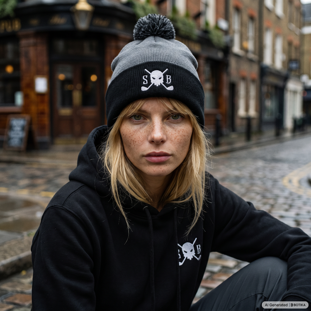 A woman crouching on a cobblestone street wears a black and gray knit beanie with a white skull-and-crossbones logo and the letters &