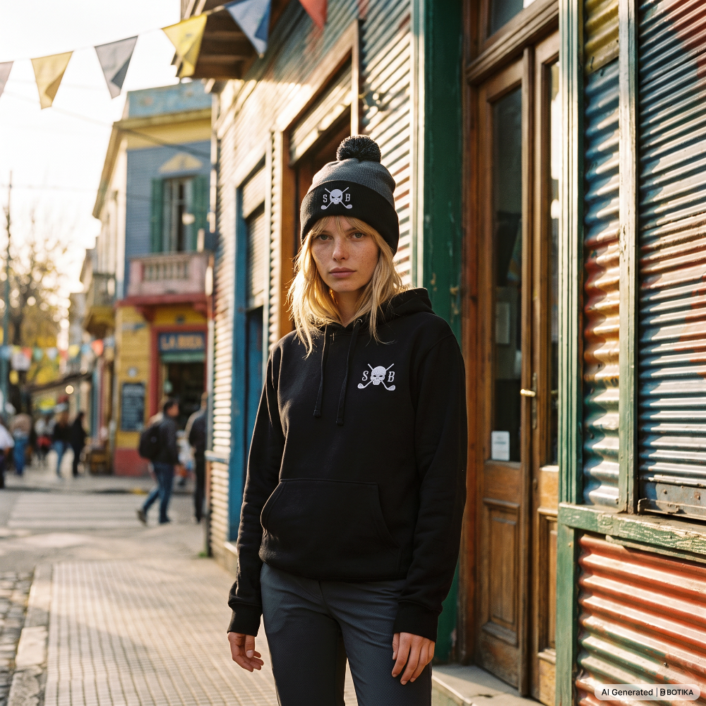 A woman stands on a sunlit street wearing a black hoodie with a small white chest graphic and a black knit beanie with a pom-pom and skull-and-crossbones detail. Buildings with corrugated metal siding line the sidewalk in the background.