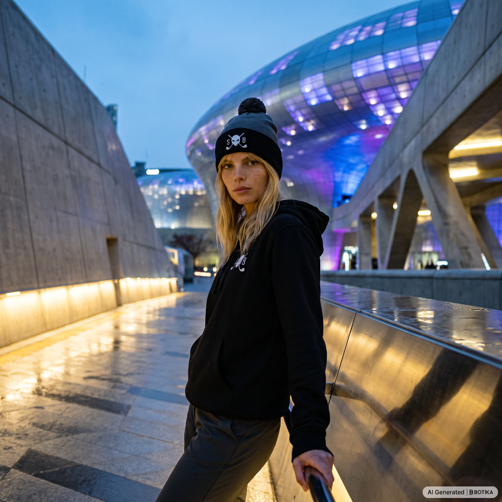 A woman wearing a black beanie with a white skull graphic and a black hoodie stands in an outdoor urban setting with a modern illuminated building in the background.