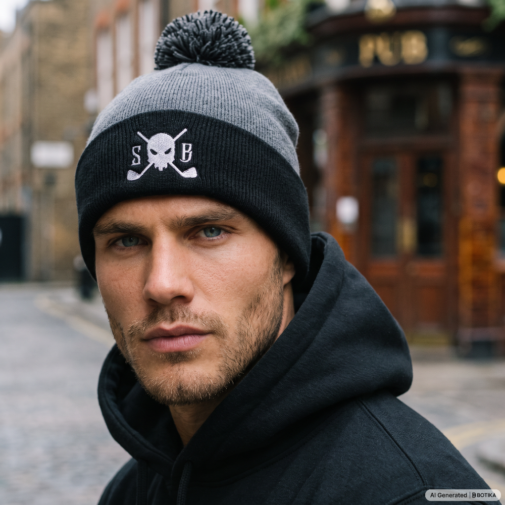 A close-up portrait of a man wearing a gray and black knit beanie with a pom-pom and a white embroidered skull-and-crossbones logo with the letters S, B, and B. He is wearing a black hoodie, with a blurred street and pub background.