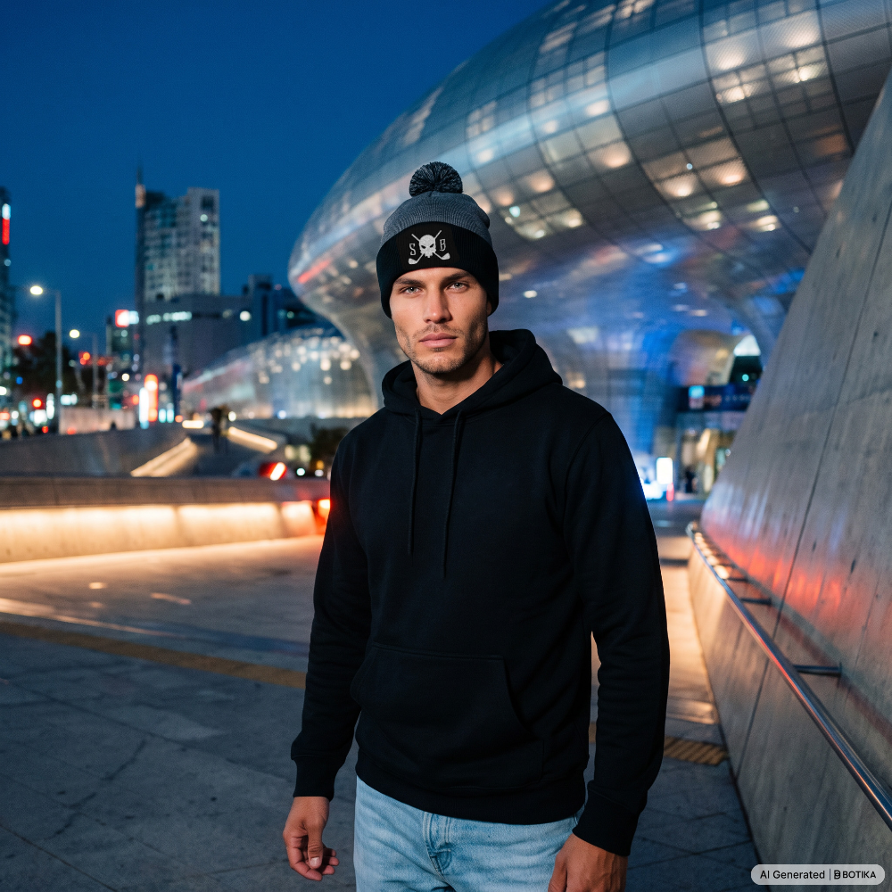 A man wearing a black hoodie and a black beanie with a white skull graphic stands in front of a modern glass building at night.