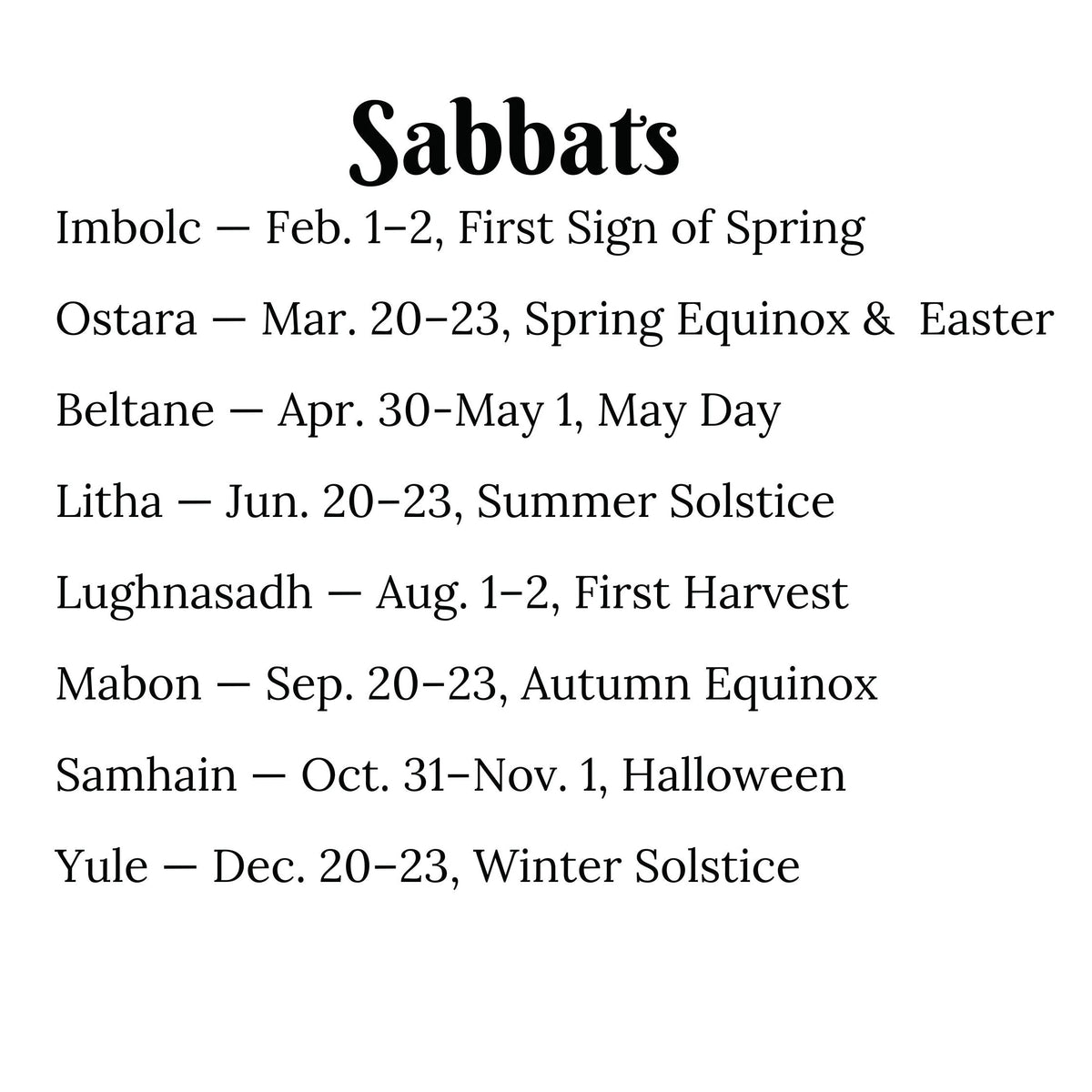 A text-based calendar-style graphic titled &
