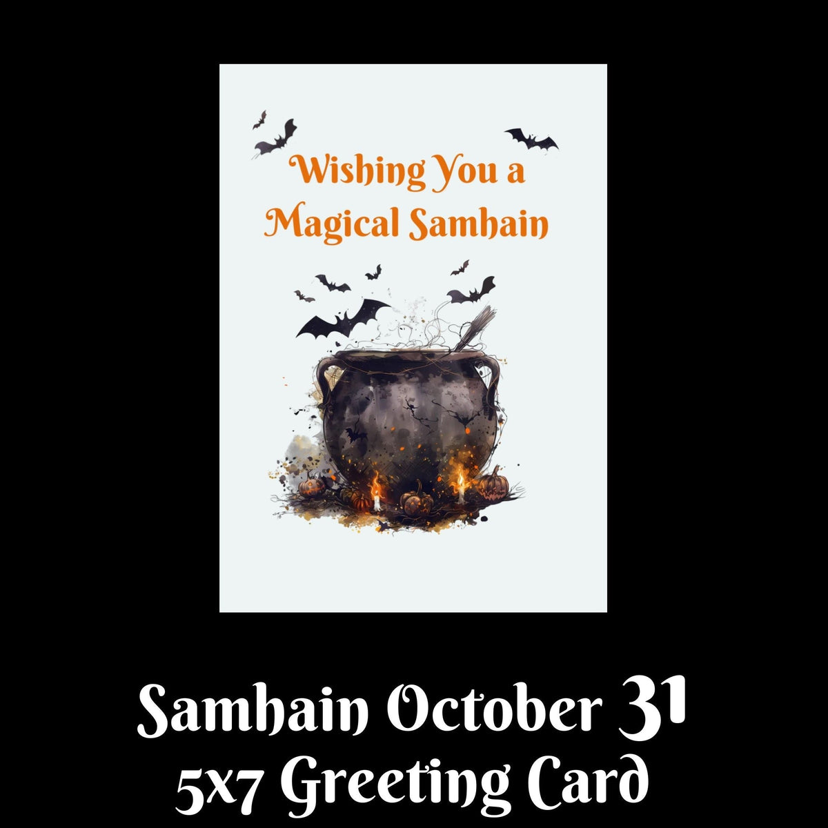 A 5x7 greeting card design shown on a black background with white text below reading &