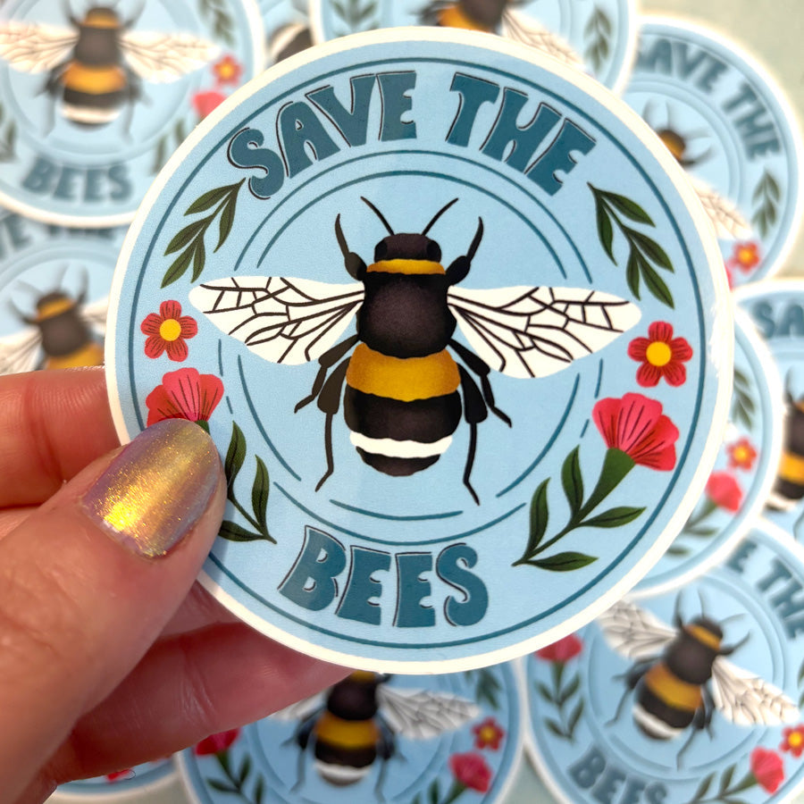 Sticker with a bee illustration and &