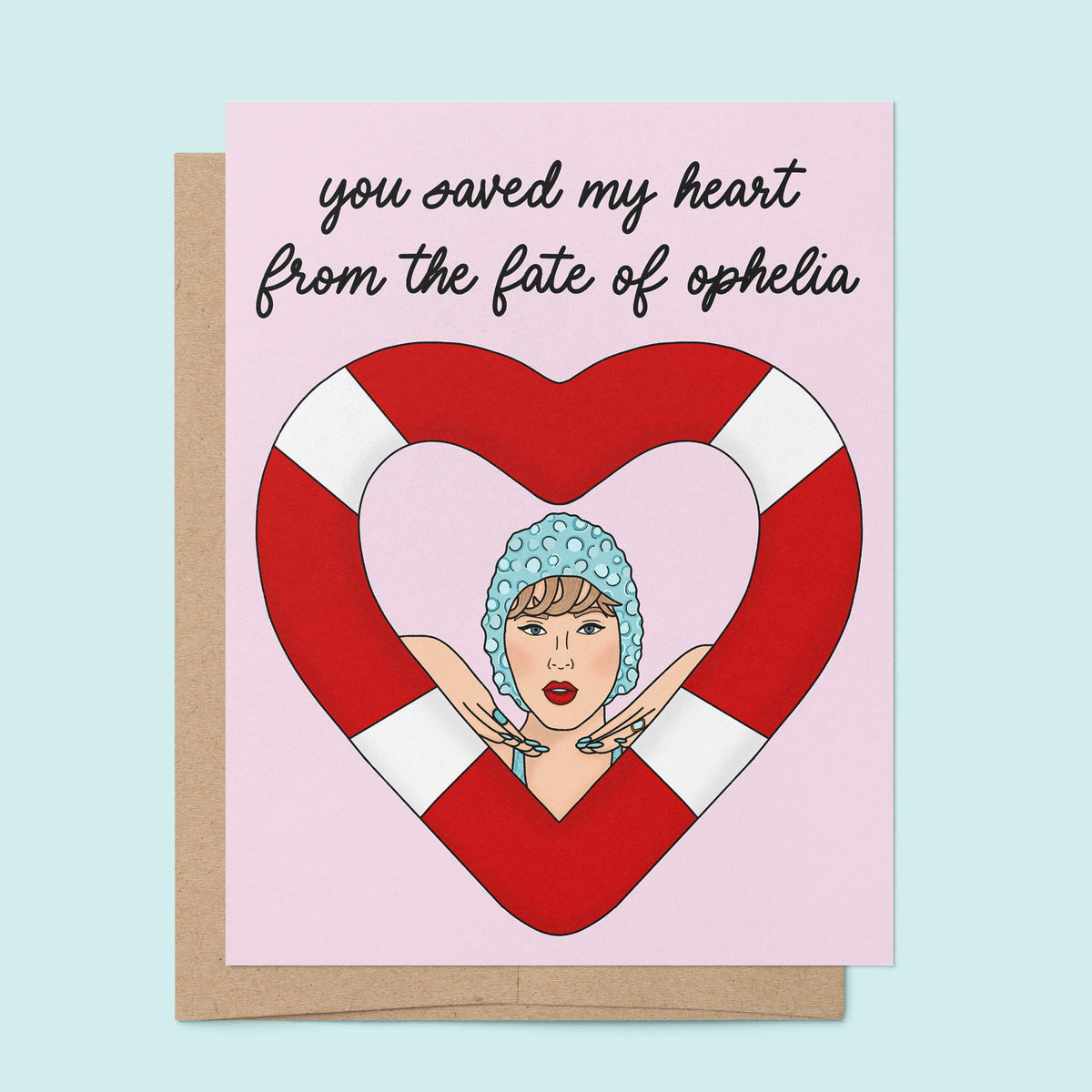 Showgirl love card with A2 kraft envelope — illustrated anniversary and love card by indie artist MangoIllustrated