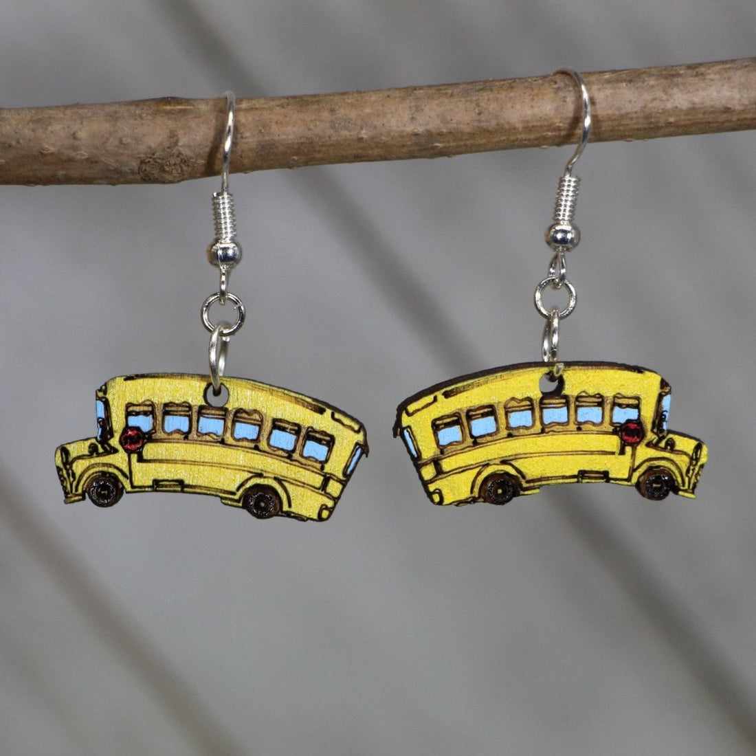 Hand-painted wooden school bus dangle earrings with classic back to school design and hypoallergenic sterling silver hooks, lightweight teacher statement jewelry earrings for educators and classroom style 