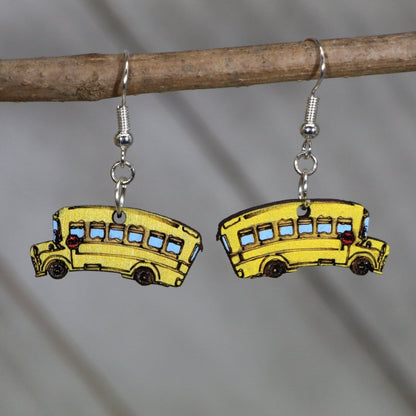 Hand-painted wooden school bus dangle earrings with classic back to school design and hypoallergenic sterling silver hooks, lightweight teacher statement jewelry earrings for educators and classroom style 