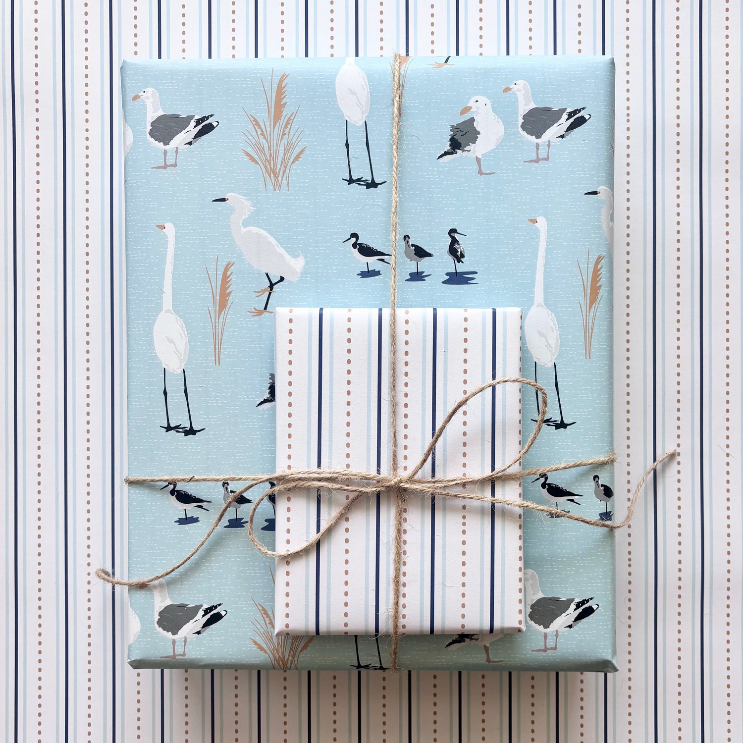 Two gift wrapped boxes, one with a light blue wrapping paper with white and grey birds, the other with a blue and white striped paper, tied with twine