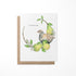 Greeting card featuring a watercolor painting of a partridge among leaves on a beige background, with a blank inside for a personal message.