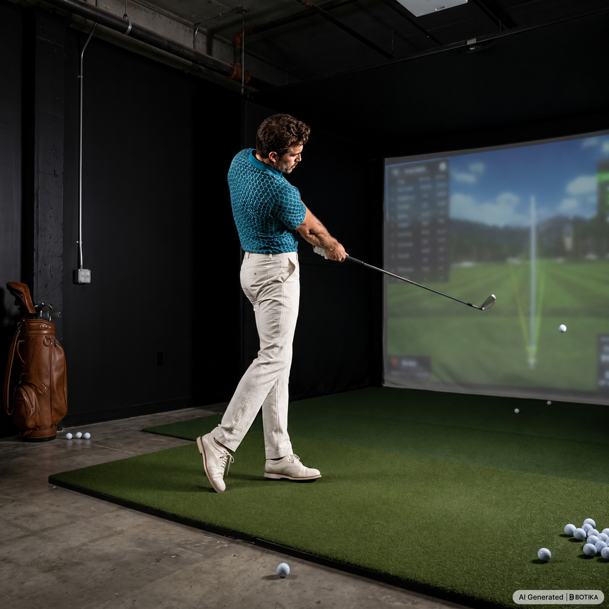 A man in a teal patterned polo shirt and cream trousers swings a golf club on a green hitting mat inside an indoor driving range, with a large projection screen showing a golf course and a brown golf bag on the left.