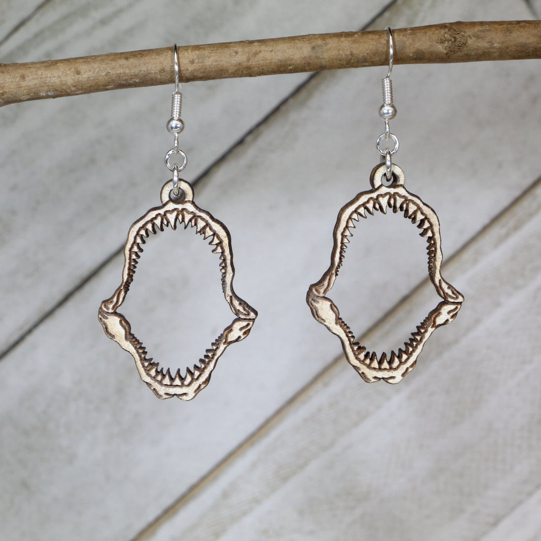 Hand-painted shark tooth wooden dangle earrings with realistic ocean predator design, lightweight hypoallergenic beach jewelry for shark lovers, marine life fans, and coastal style