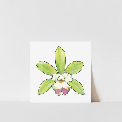 A printed artwork featuring a stylized orchid with green leaves and a central flower, on a white background.