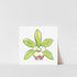 A printed artwork featuring a stylized orchid with green leaves and a central flower, on a white background.
