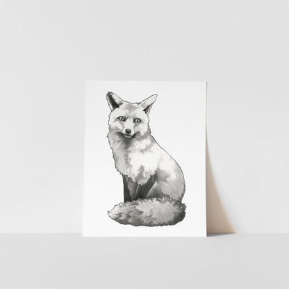 A black and white watercolor print of a fox, with a visible white background around the fox&