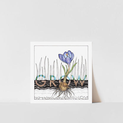 A square art print featuring a crocus flower with a stylized root system, titled &