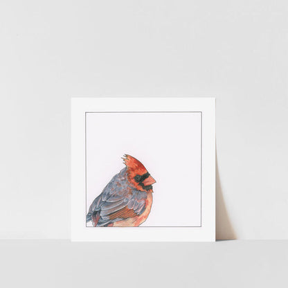 A square-shaped art print featuring a watercolor painting of a cardinal bird, with a white border and signed by Heather S Vitticore.