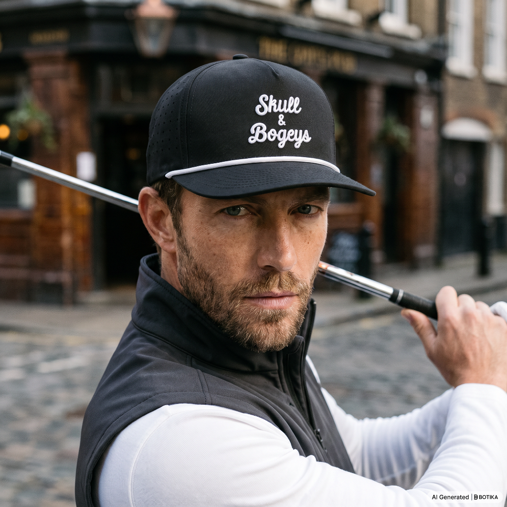 A man wearing a black baseball cap with white embroidered text reading &
