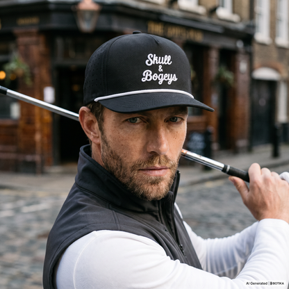 A man wearing a black baseball cap with white embroidered text reading &