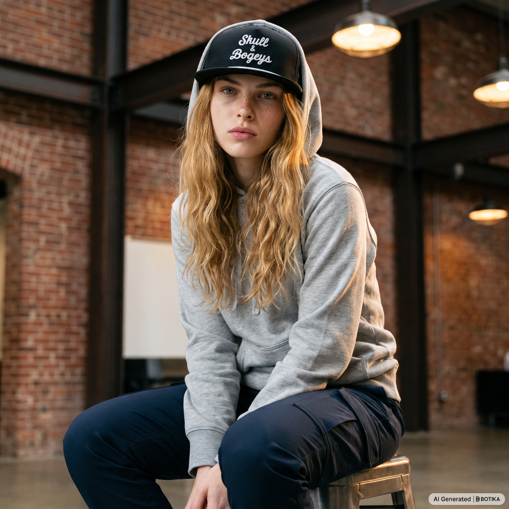 A woman sitting on a stool in a loft-style room with exposed brick walls, wearing a black baseball cap with white text, a light gray hoodie, and dark navy pants.