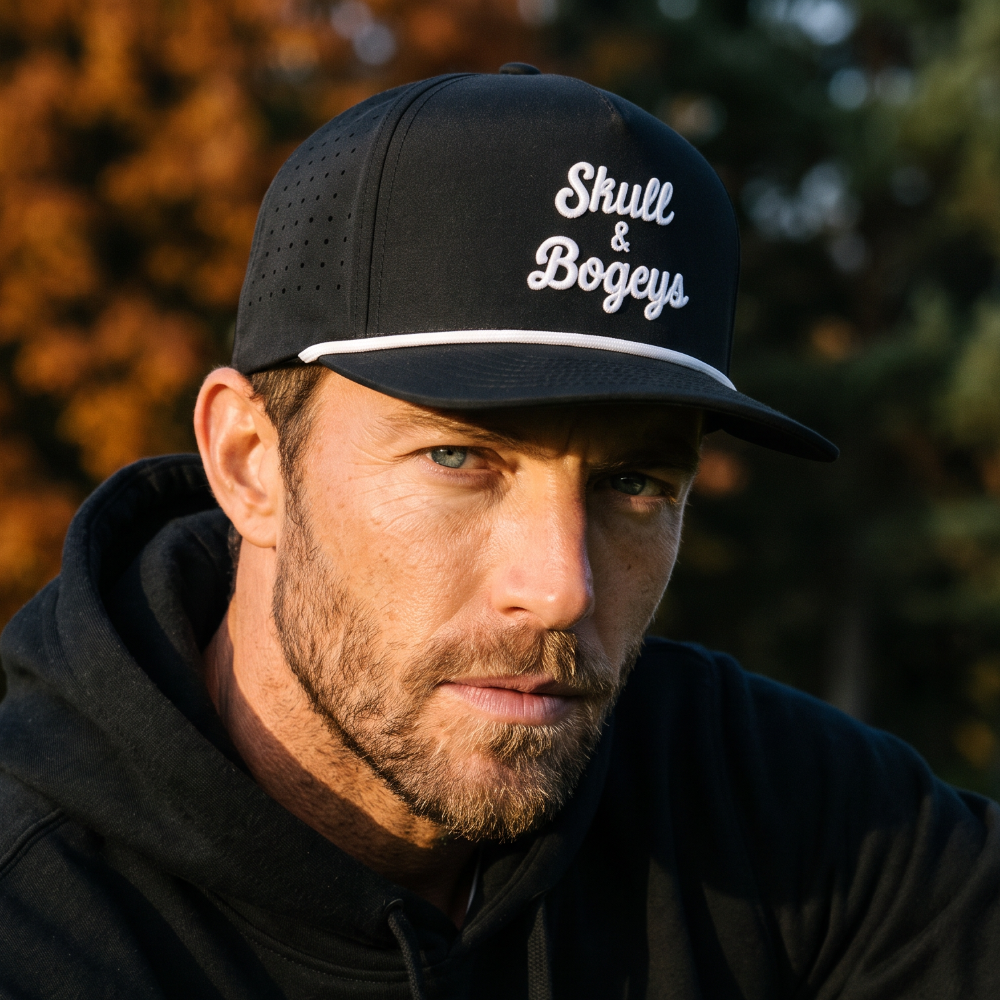 A close-up portrait of a man wearing a black baseball cap with &