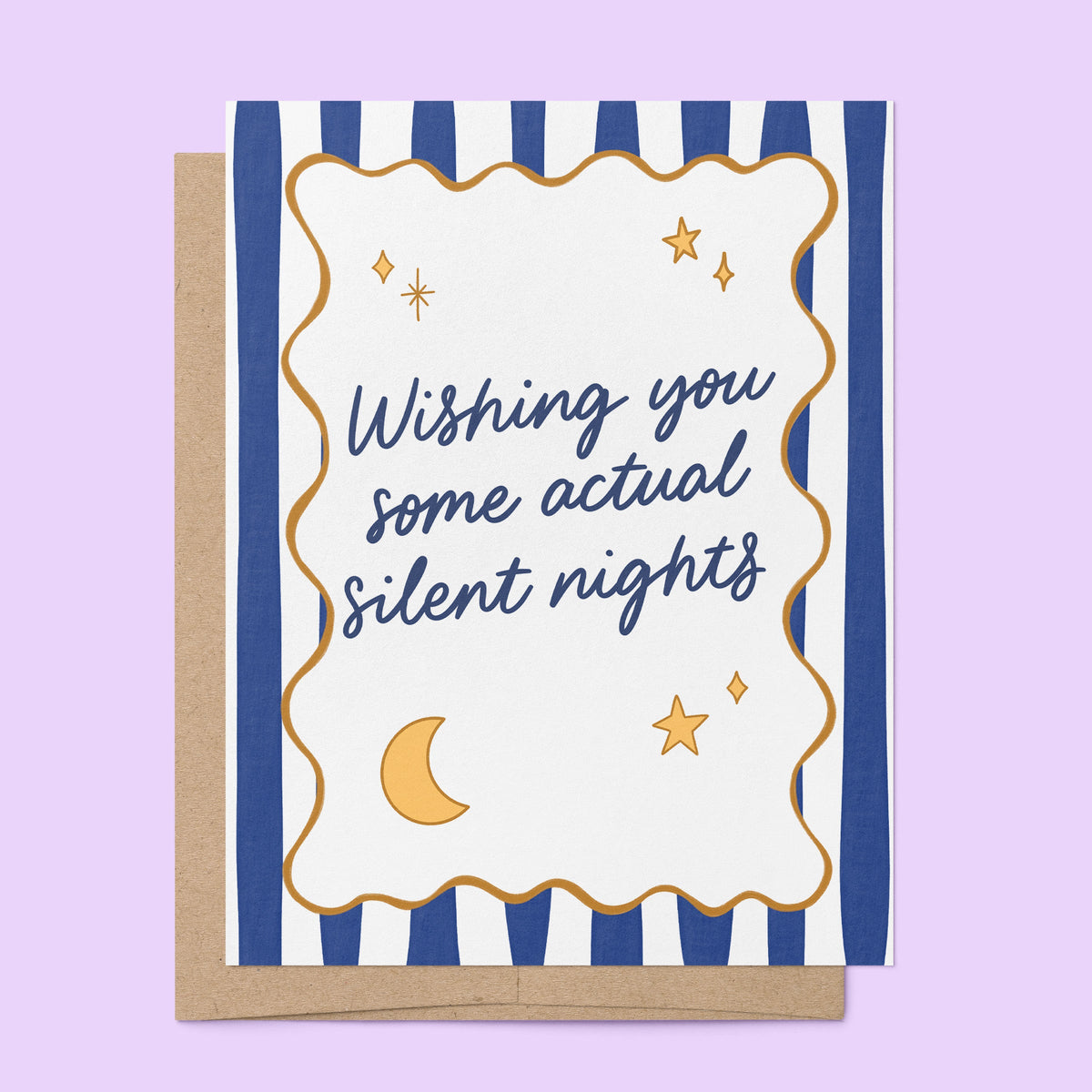 Silent Nights Holiday Card — navy stripes and gold accents with hand lettered wishing you some actual silent nights, A2 4.25 x 5.5 in folded card, by MangoIllustrated