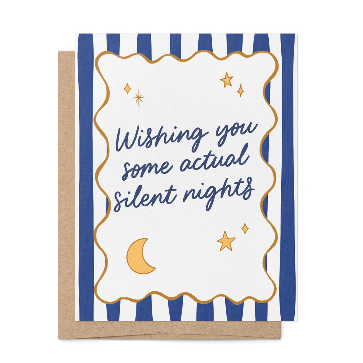 Silent Nights Holiday Card flat lay — retro navy stripe illustrated holiday card by indie artist MangoIllustrated