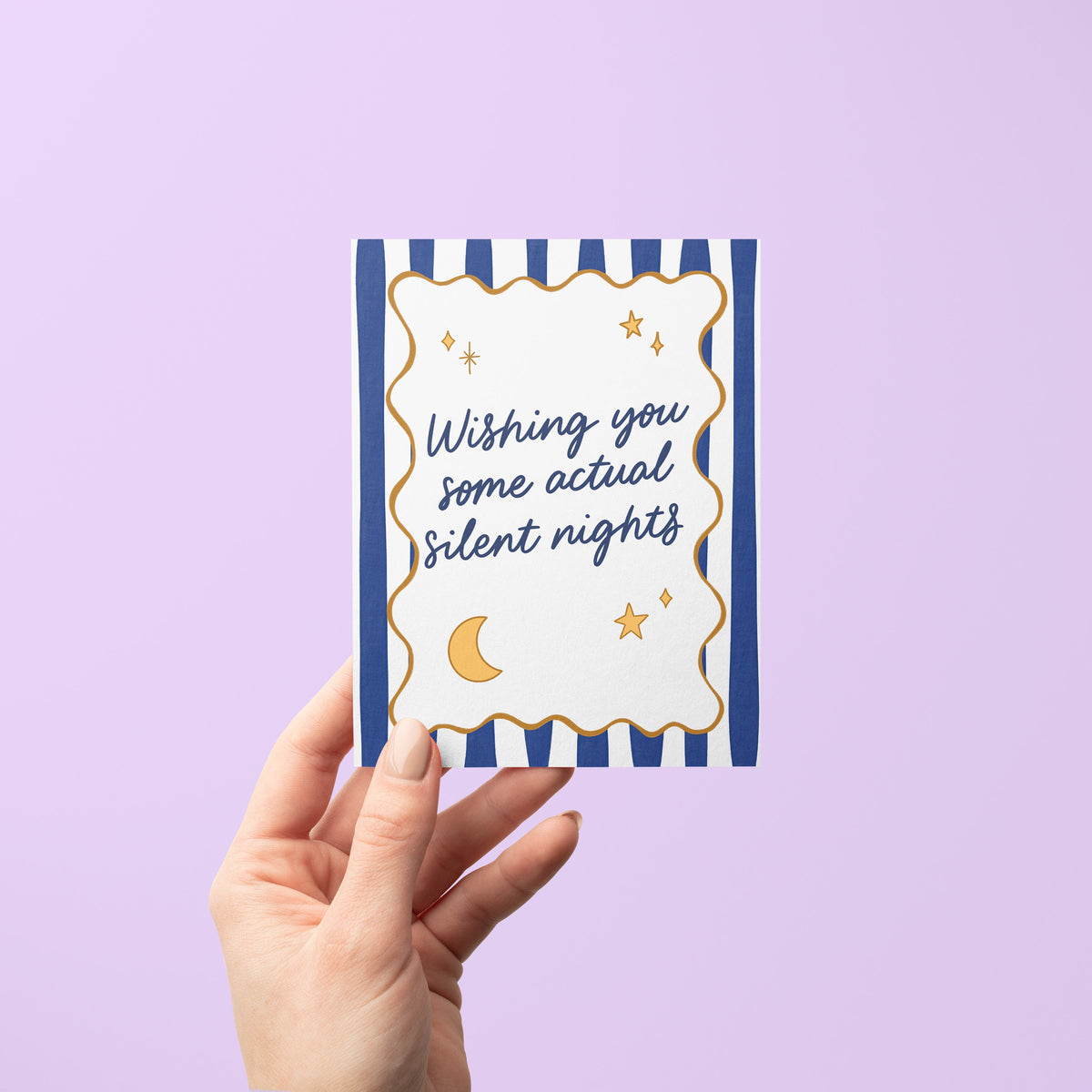 Silent Nights Holiday Card detail — wavy gold accents and hand lettered greeting by indie artist MangoIllustrated