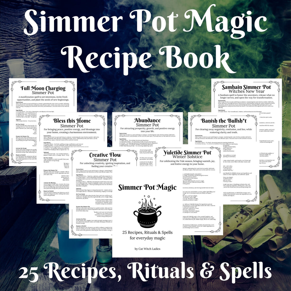 Simmer Pot Magic Recipe Book cover featuring multiple recipe sheet previews arranged over a dark mystical background with a cauldron and herbs. Text reads &