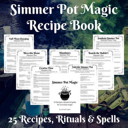 Simmer Pot Magic Recipe Book cover featuring multiple recipe sheet previews arranged over a dark mystical background with a cauldron and herbs. Text reads &