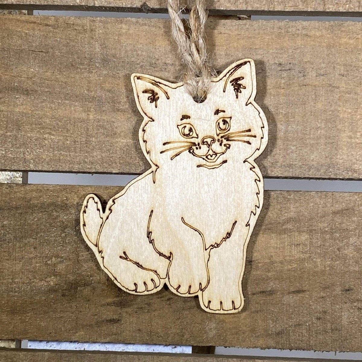Hand-painted wooden sitting cat Christmas ornament with cute feline design and lightweight festive decor, adorable cat lover holiday tree decoration gift