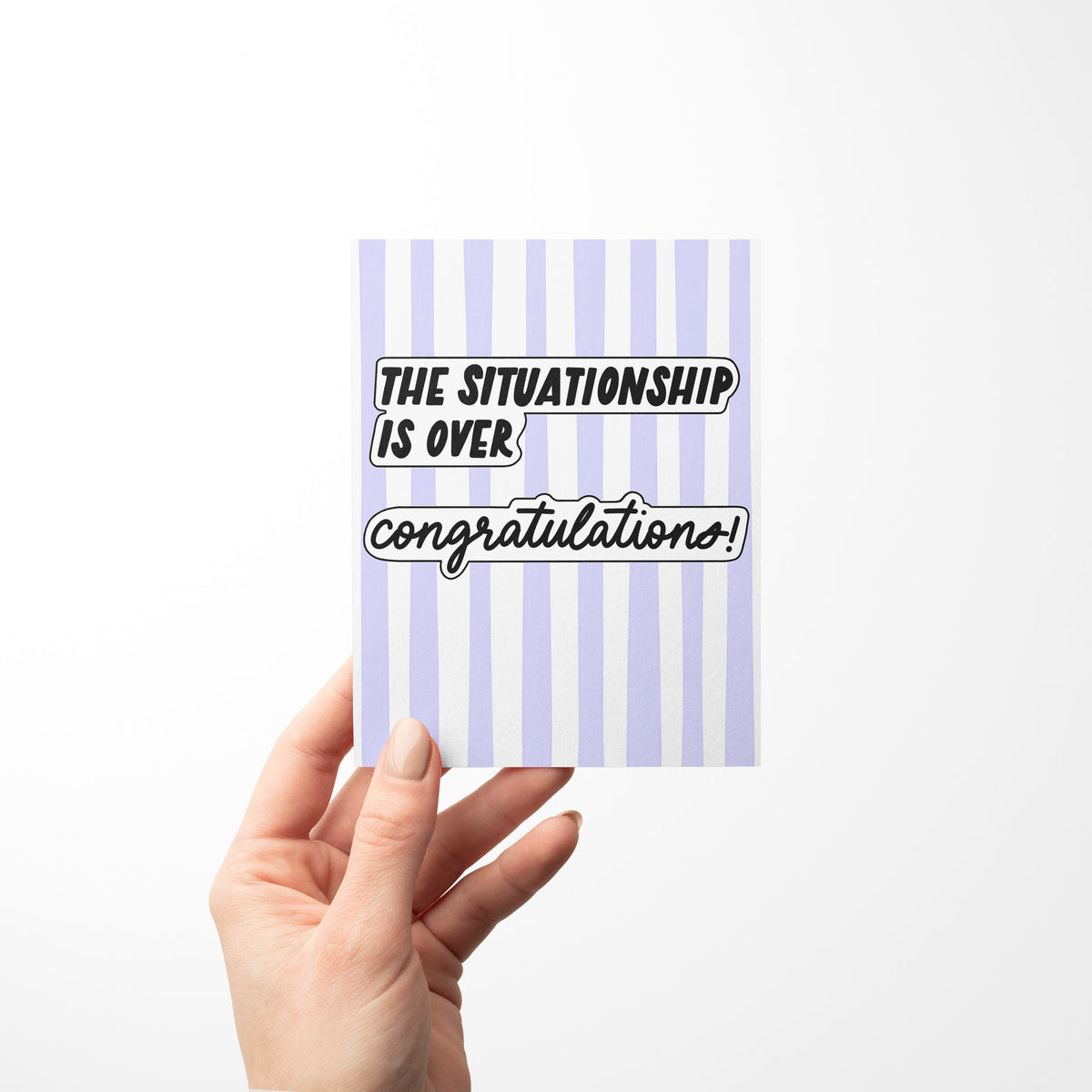 The Situationship is Over Funny Breakup Card detail — close up of the retro striped hand lettering by indie artist MangoIllustrated