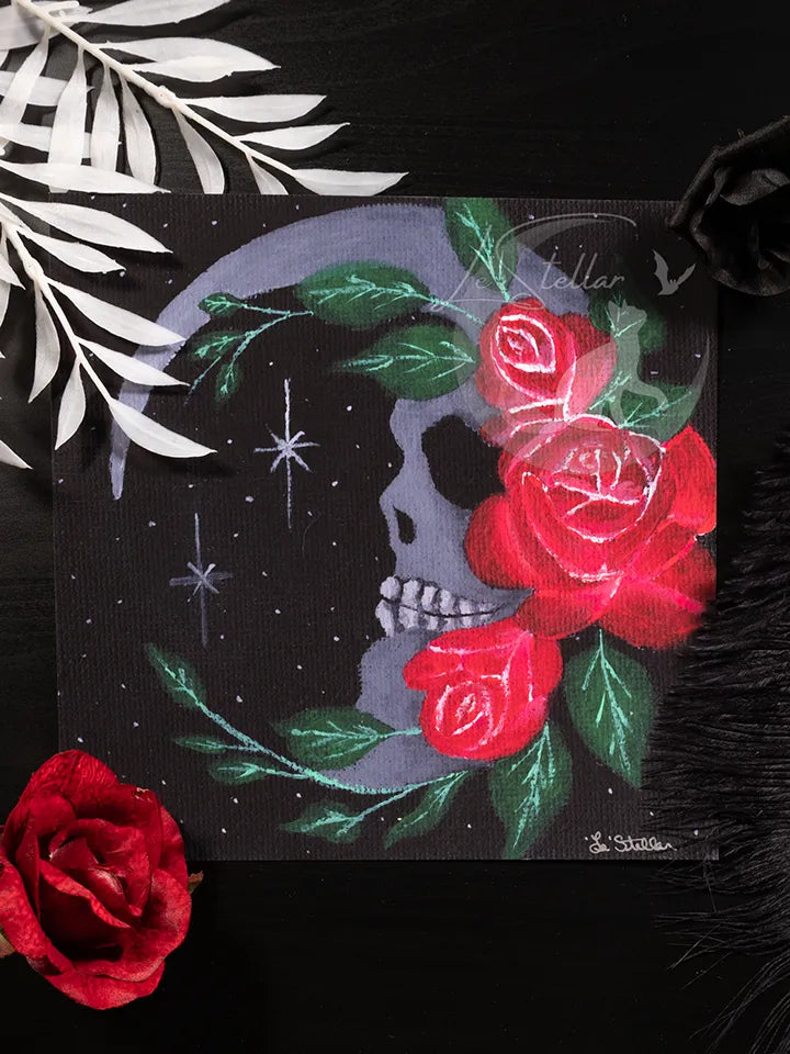 Skull Moon and Roses Art Print: Gothic Floral Home Acrylic Painting Decor