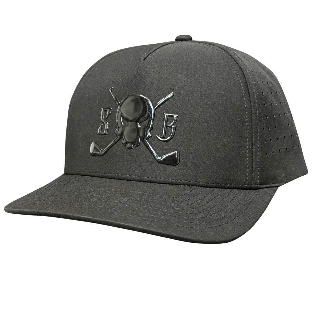 A dark gray structured baseball cap with a curved brim, featuring a metallic black skull and crossed golf clubs logo on the front, with perforated side panels.
