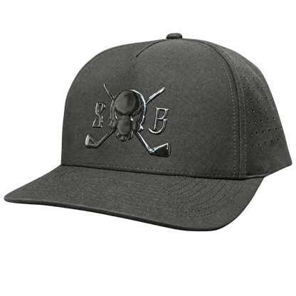 A dark gray structured baseball cap with a curved brim, featuring a metallic black skull and crossed golf clubs logo on the front, with perforated side panels.