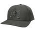 A dark gray structured baseball cap with a curved brim, featuring a metallic black skull and crossed golf clubs logo on the front, with perforated side panels.