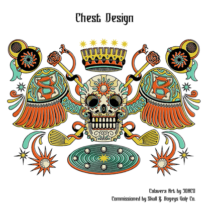 A decorative chest design illustration featuring a central skull with a crown above it, flanked by ornate wings, crossed golf clubs, stars, and circular motifs. The text &