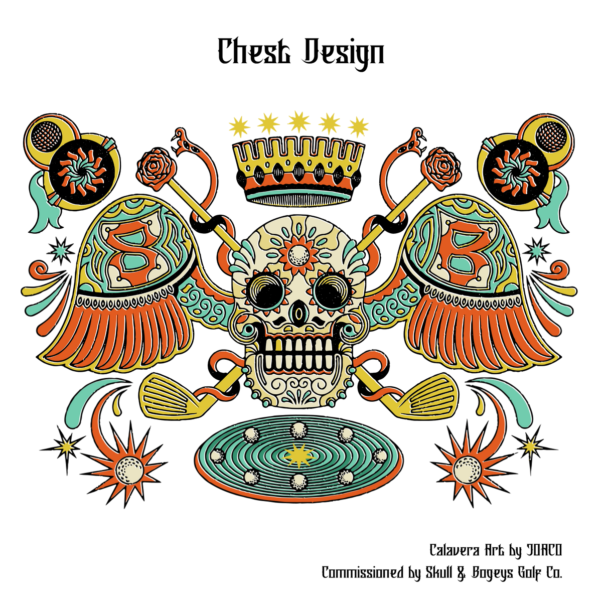 A decorative chest design illustration featuring a central skull with a crown above it, flanked by ornate wings, crossed golf clubs, stars, and circular motifs. The text &