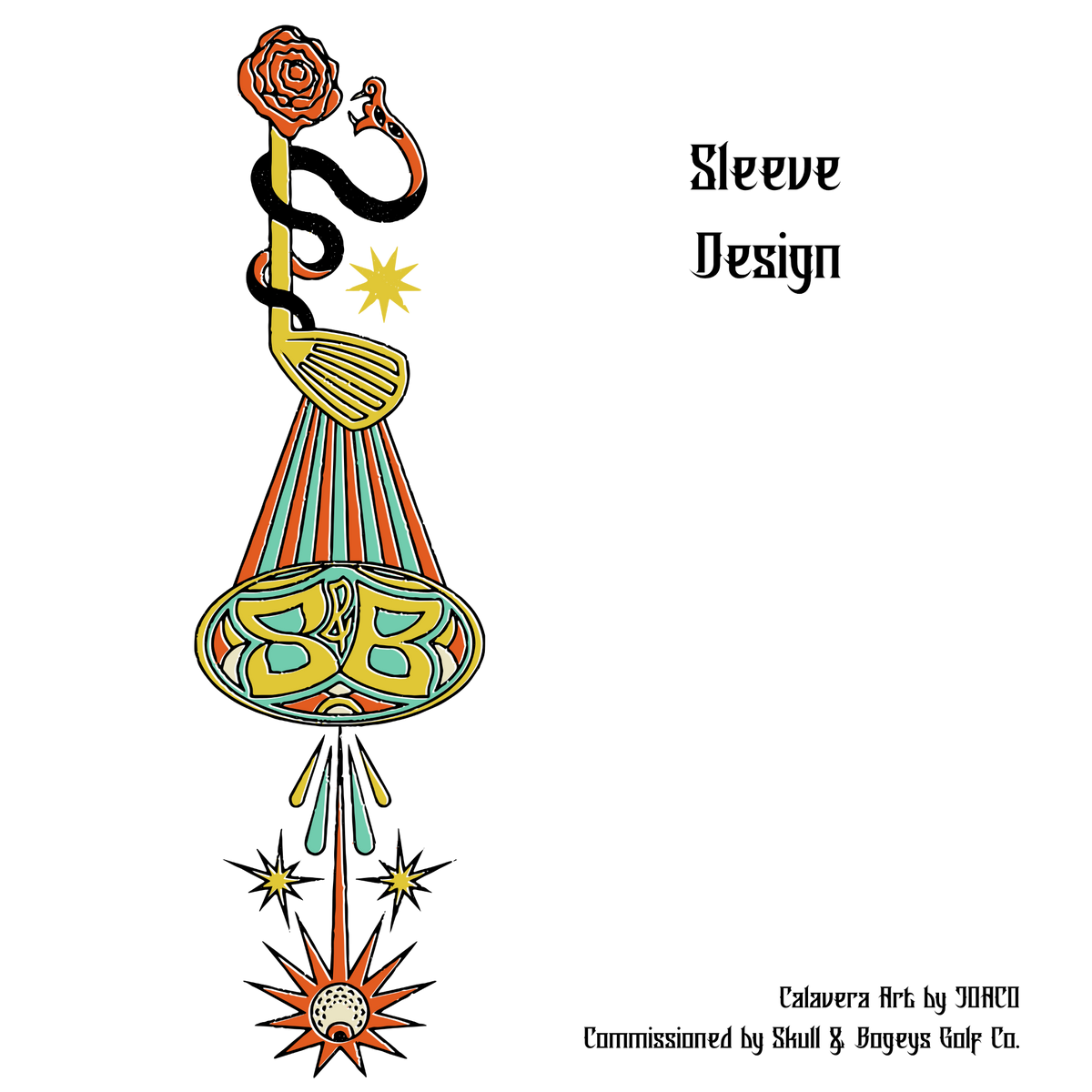 A sleeve design illustration featuring a stylized snake wrapped around a golf club, with a rose at the top and decorative geometric and starburst motifs below, shown on a white background with text reading &